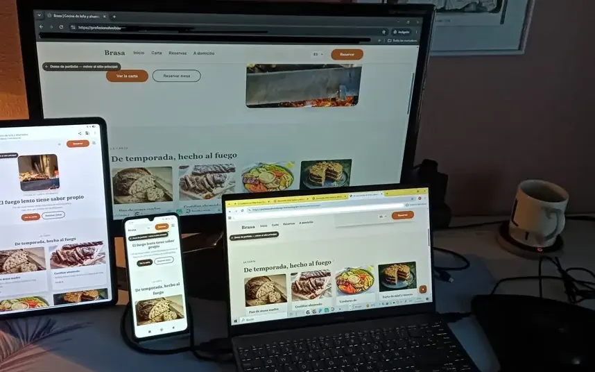 Demo de restaurante vista en ordenador, tablet y móvil a la vez