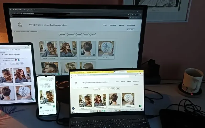 Demo de peluquería vista en ordenador, tablet y móvil a la vez